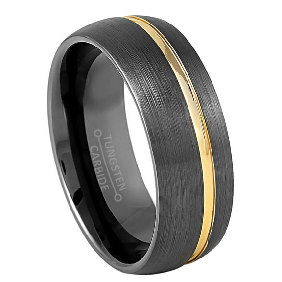 8mm Mens Gun Metal Tungsten Wedding Band, Off Center Groove, Dome Engagement Ring - TN929WAs8