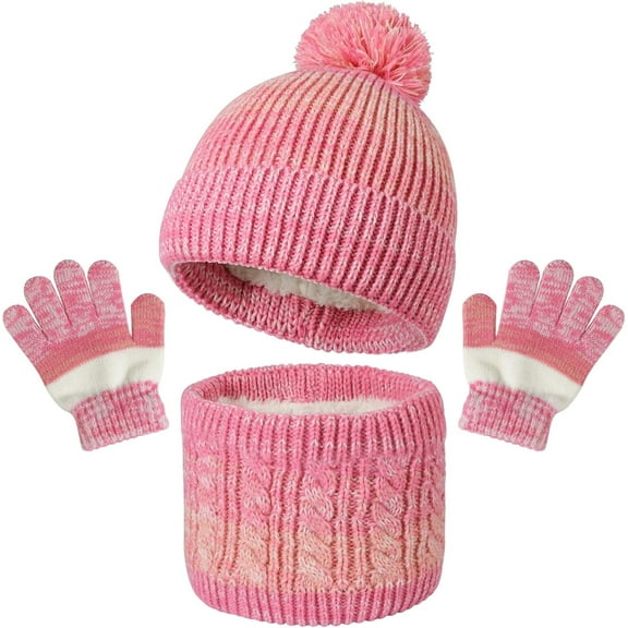 Kids Winter Hat Gloves Scarf Set, Toddler Girls Beanie Hats with Pom Knit Mittens Neck Warmer Fleece Lined Set, Age 2-5 Years