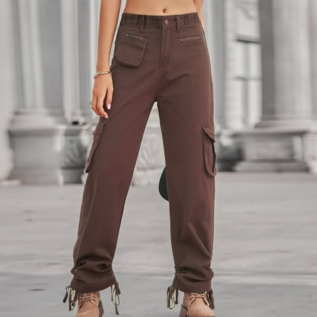 

HUPOM Womens Scrub Pants Joggers Womens Pants Carpenter High Waist Rise Long Slim Straight Coffee L