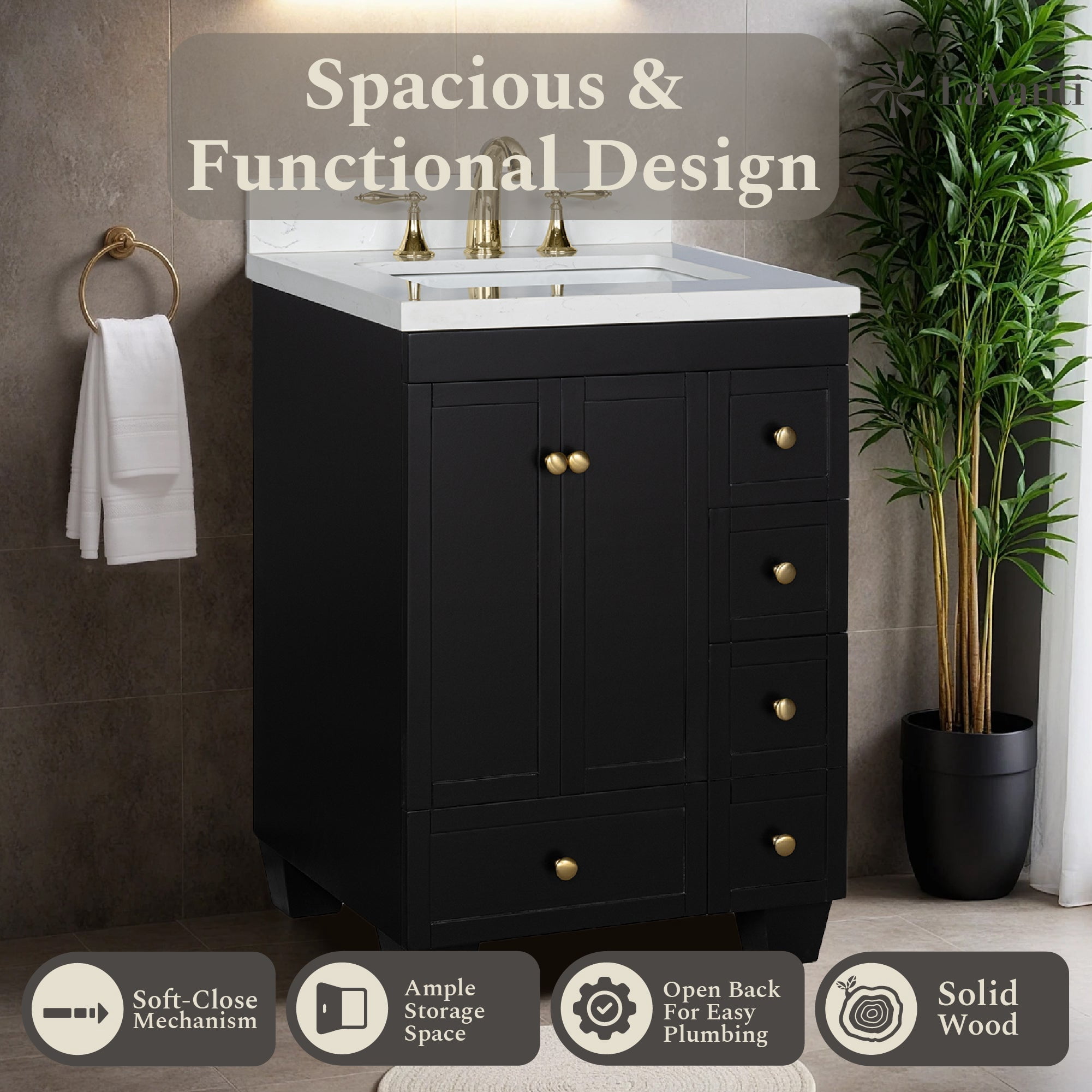 Lavanti Depos Solidwood 24-inch Bathroom Vanity with Sink - Stylish Black
