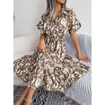 thumbnail image 4 of Women's Printed Button Up Belted Midi Dress Short Sleeve Collar Shirt Dresses, 4 of 7