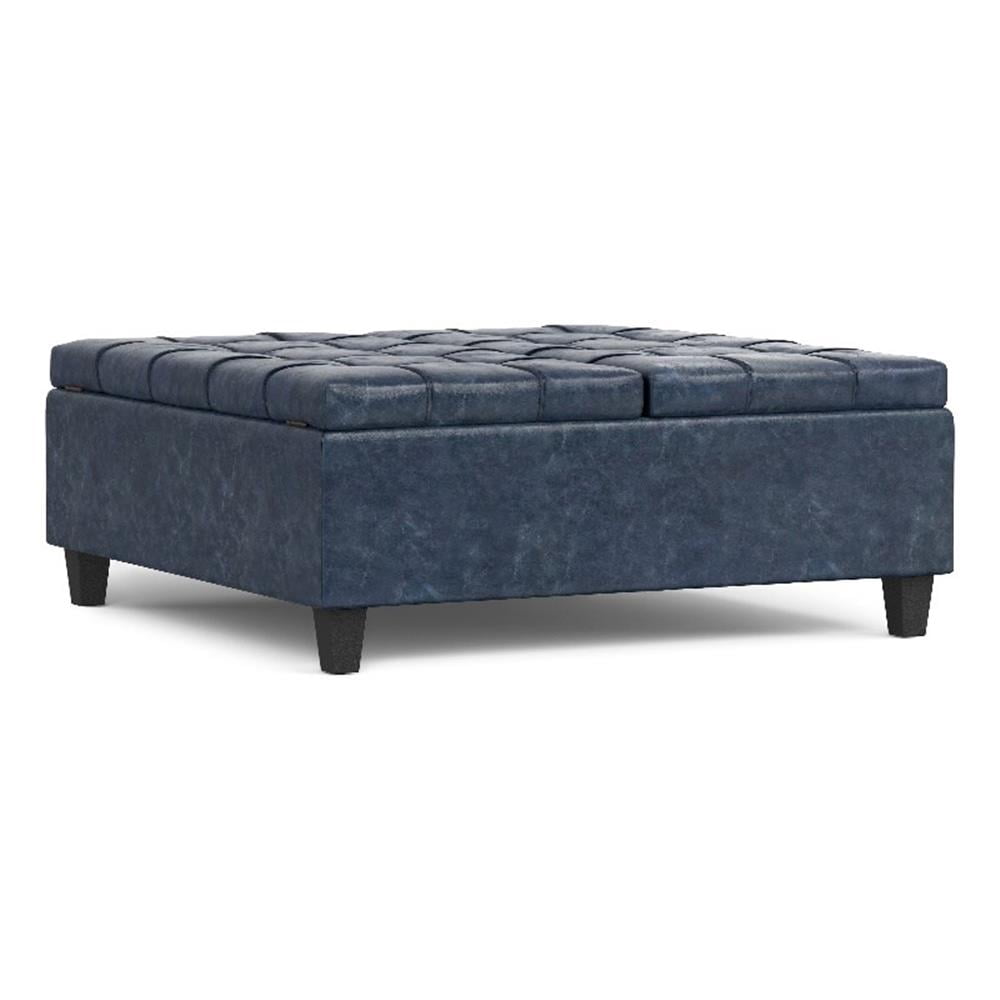 Harrison 40 inch Wide Transitional Large Square Coffee Table Storage Ottoman in Denim Blue Vegan Leather