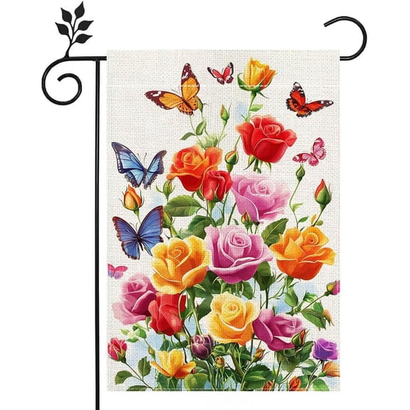 Valentines Day Welcome Garden Flag 12x18 Inch Double Sided Rose Flowers Butterfly Spring Colorful Floral Yard Decor