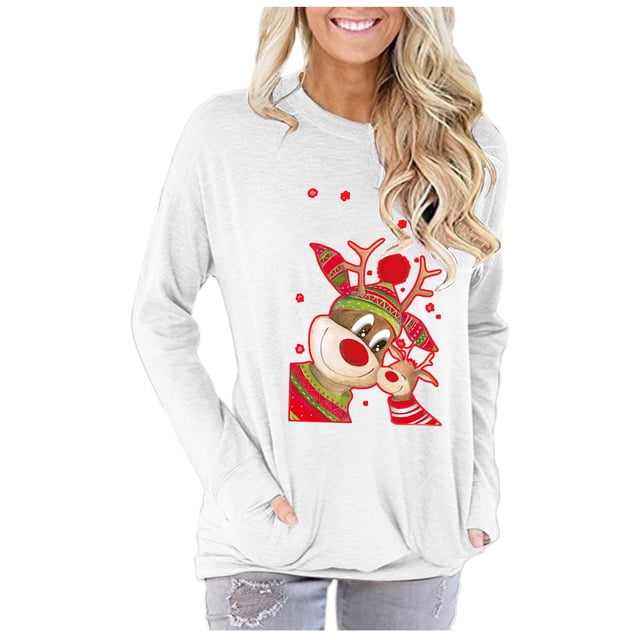 Navidad mujer Casual Elk estampado cuello redondo manga larga swertshirts bolsillos blusa camiseta Tops Pompotops gfhjh15146