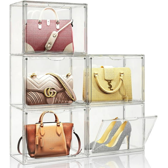 Clear Purse Organizer for Closet, 5 Pack Handbag Storage Organizer, Acrylic Display Case for Collectibles, Stackable Storage Bins with Magnetic Lids for Figure, Wallet, Clutch, Doll