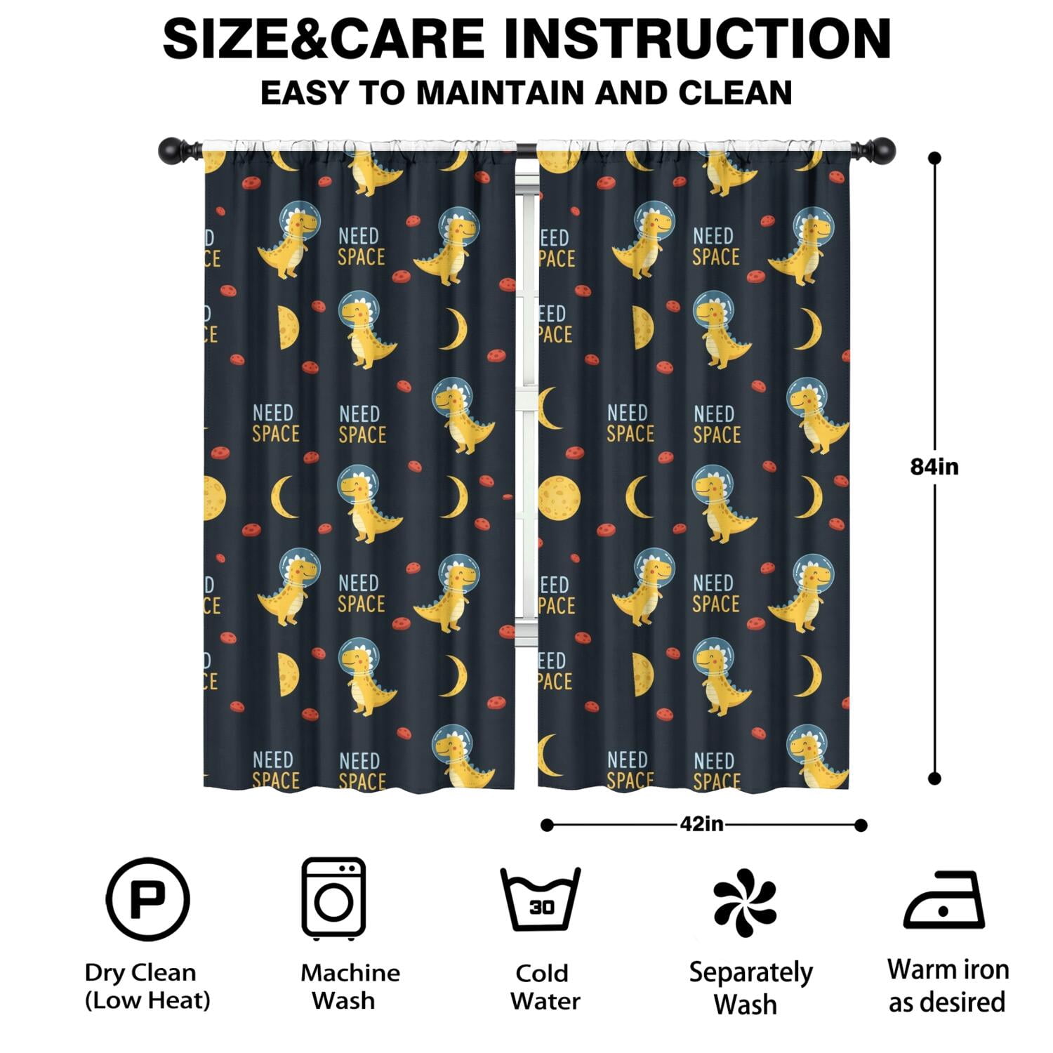 Blackout Kids Curtains,DarkBlue Cartoon Dinosaurs Astronauts Pattern Childrens Insulated Curtains Set Of 2,Bedroom Essentials,Toddler Room Decor 42"x84"