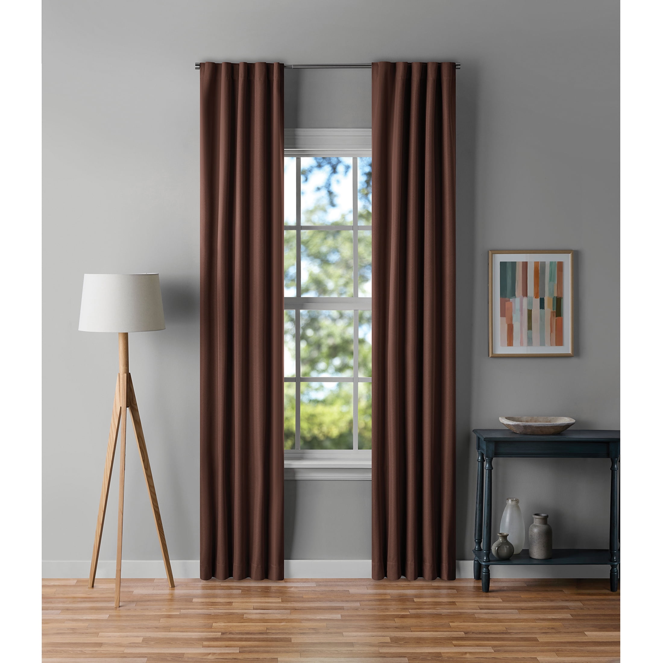 Mainstays Brown Solid Blackout Rod Pocket with Back Tabs Curtain Panel Pair, Set of 2, 30" W x 95" L