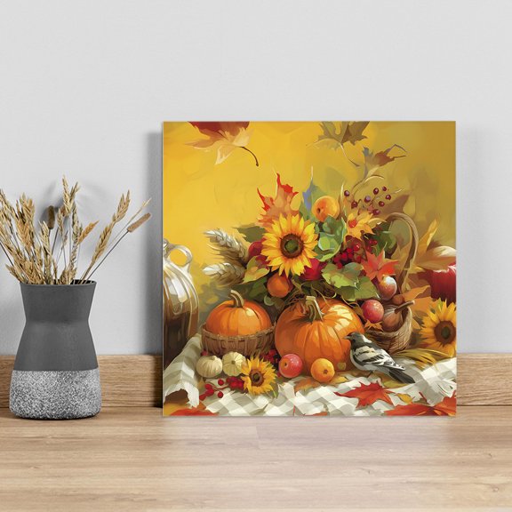 Fall Thanksgiving Wall Art Painting on Canvas, Pumpkins Birds Sunflower Oil Painting Canvas Art Home Prints Wall Art Framed Modern Artwork for Living Room Bedroom Wall Decor 12x12in