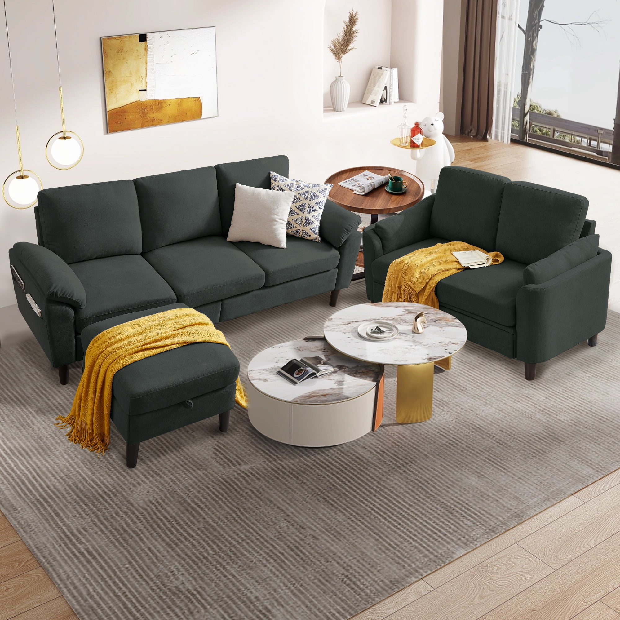 Pingliang Home Sectional Sofa Couch with Storage Ottoman and Loveseat,Modern 5 Seater Sofa Couch Set,L Shaped Couch with Footstool for Living Room Apartment Studio Office,Black