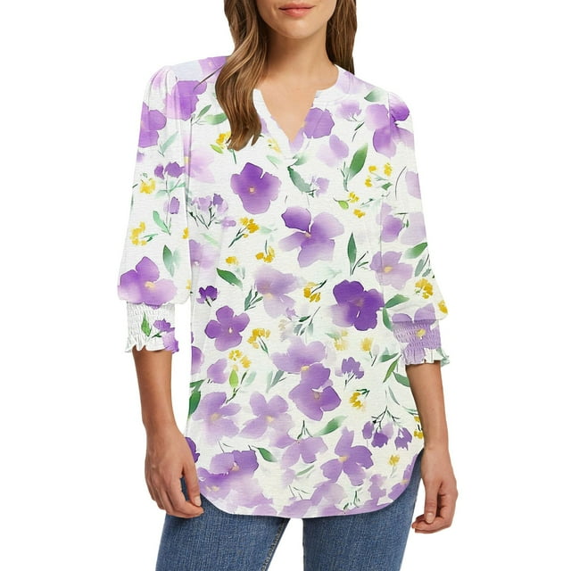WZXFASHION Blouses pour Femmes Manches 3/4 Décontractées Hauts Col en V T-Shirts avec Poignets Soldes Chemises pour Femmes