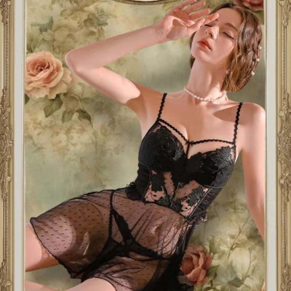Women's Halter Backless Sheer Mesh Embroidered Babydoll Lingerie Nightgown Soft Sleepwear