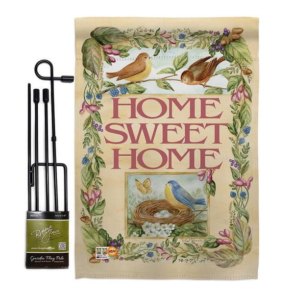 Breeze Decor BD-SH-GS-100048-IP-BO-D-US12-AM 13 x 18.5 in. Welcome Birds Spring Time Inspirational Sweet Home Impressions Decorative Vertical Double Sided Garden Flag Set with Banner Pole