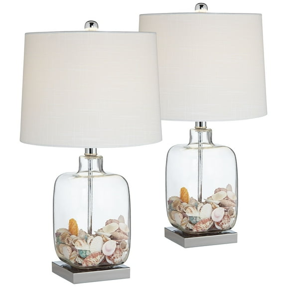 360 Lighting Coastal Accent Table Lamps 21.75" High Set of 2 Clear Glass Fillable Sea Shells White Drum Shade for Living Room Family Bedroom