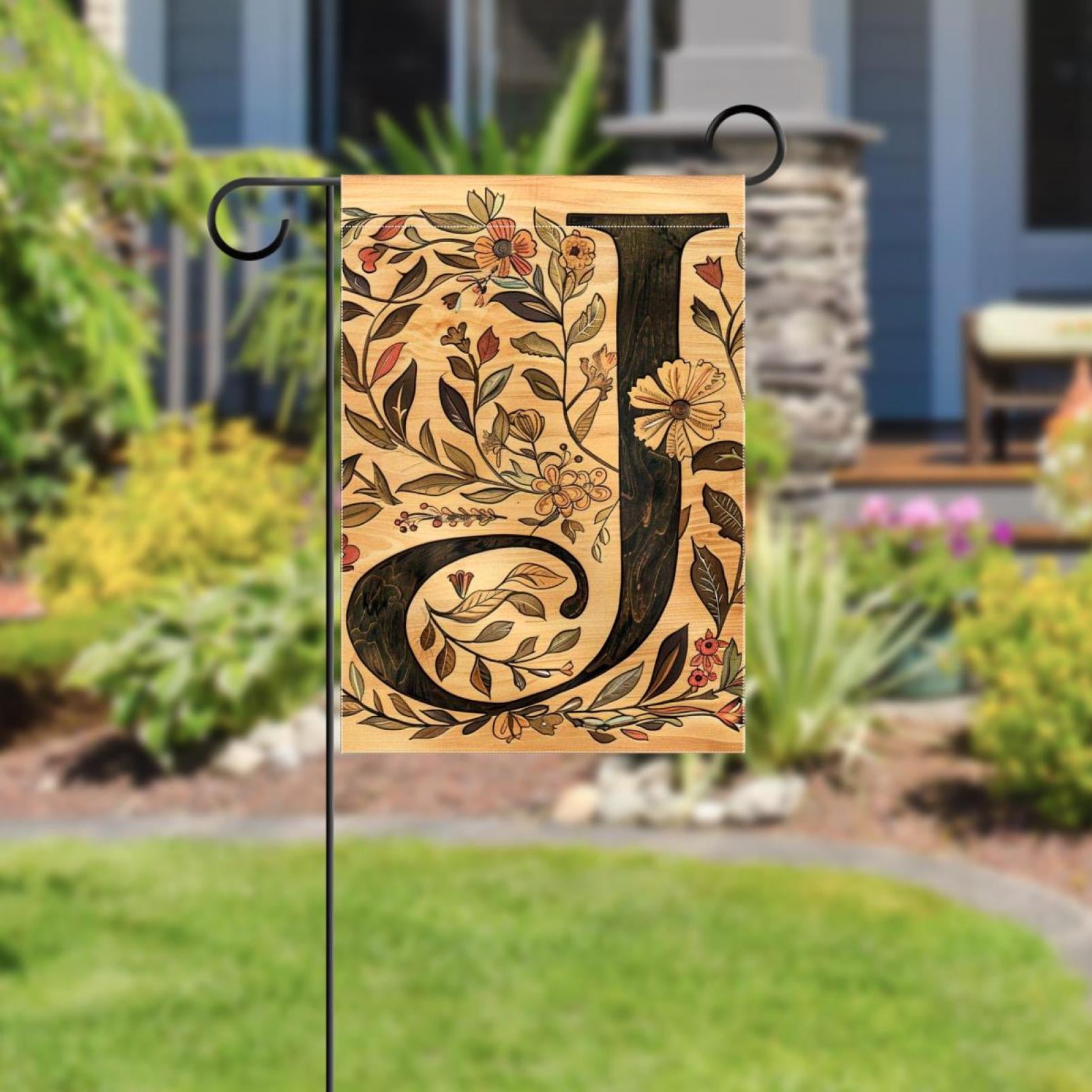 Letter J with Flowers Leaves Vintage Retro Pattern Double Sided Garden Flag Decorative Weather Resistant Yard Flag, Large DIY Vertical Flag for Farmhouse Patio Lawn, 28x40 Inch