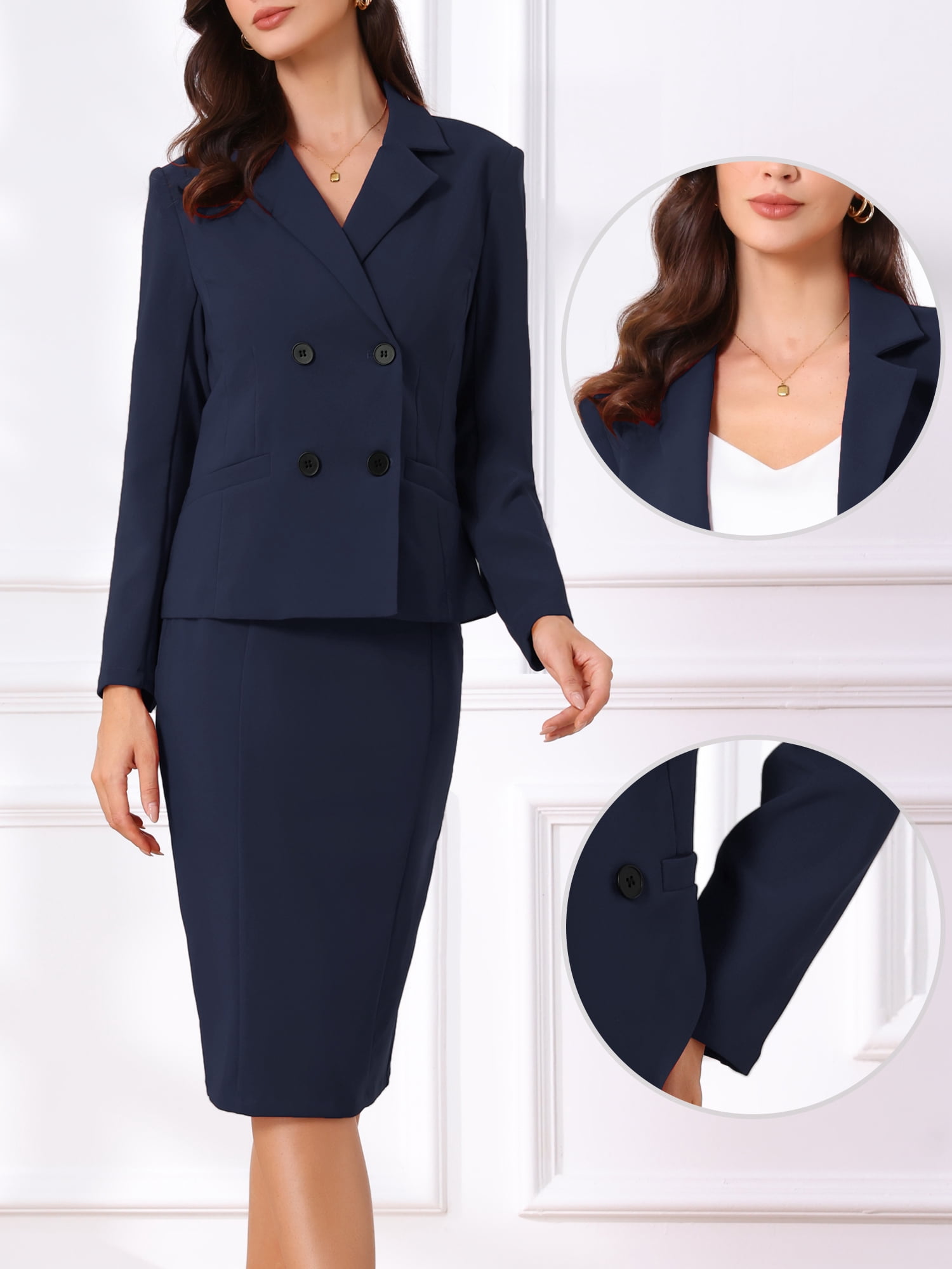 DARING DIVA 2Pcs Women's Long Sleeve Blazer Pencil Skirt Suit Set M Navy Blue