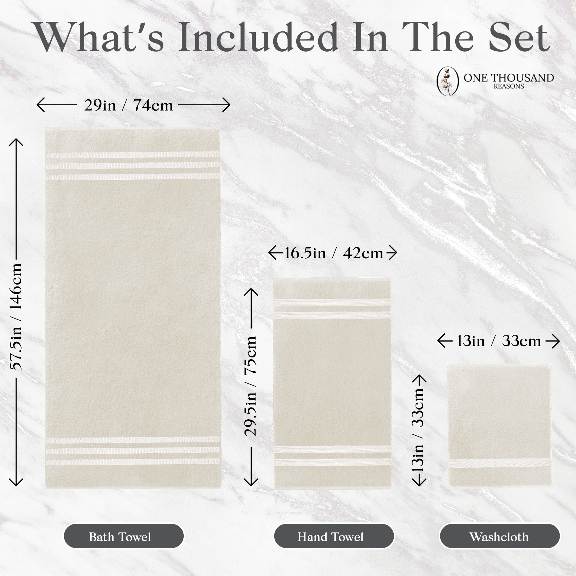 One Thousand Reasons Superior Zero Twist 3 Stripe Towel Set | Bath, Gym, Hand Towels | Luxury & Soft Cotton - Sand (6 Pieces)
