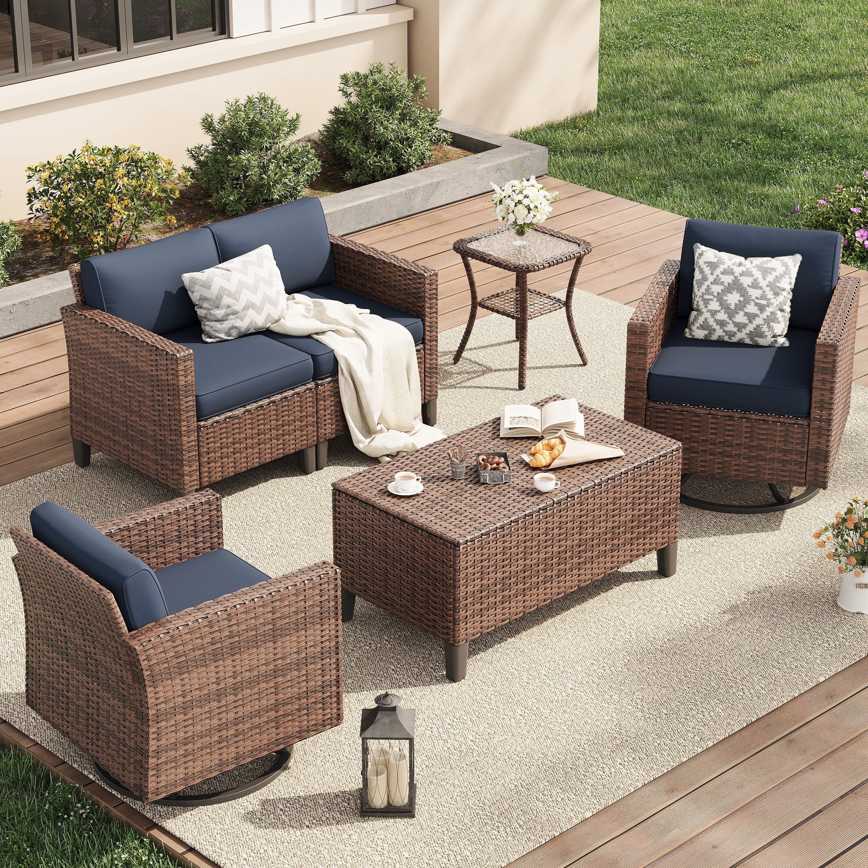 Poteban Patio Set, 6 Pieces Outdoor Furniture Sets with Rocking Swivel Chairs, Wicker Rattan, Waterproof Covers for Backyard