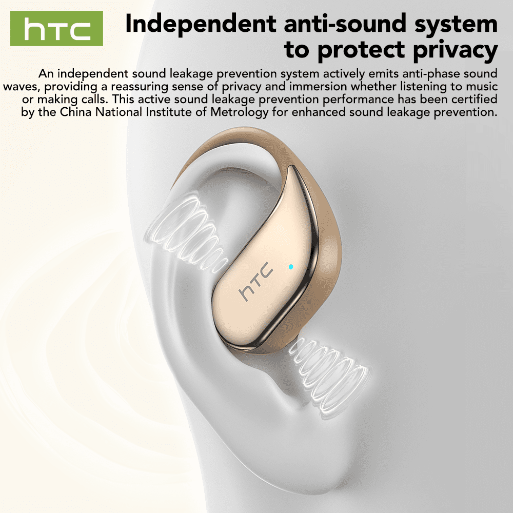 HTC NE39 Wireless Bluetooth 6.0 Open-Ear Earbuds, AI Translator, Noise-Cancelling Headphones, 130+ Languages, 40H Playtime, IPX5 Waterproof, Beige + Gold+Earbud Case