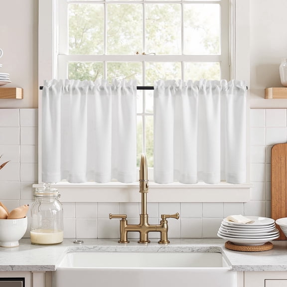 CURTAINKING Cream White Kitchen Curtains 24 inch Linen Textured Cafe Curtains for Bathroom Farmhouse Light Filtering Tier Curtains Rod Pocket 2 Panels