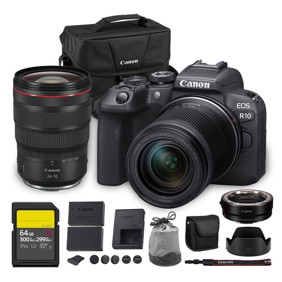 Canon EOS R10 Mirrorless Camera Kit | 24.2MP APS-C Sensor with RF-S 18-150mm Lens | 4K Video Dual Pixel AF Compact Travel Photography (5331C016)   Canon RF 24-70mm Lens   Adapter EF-EOS R   More