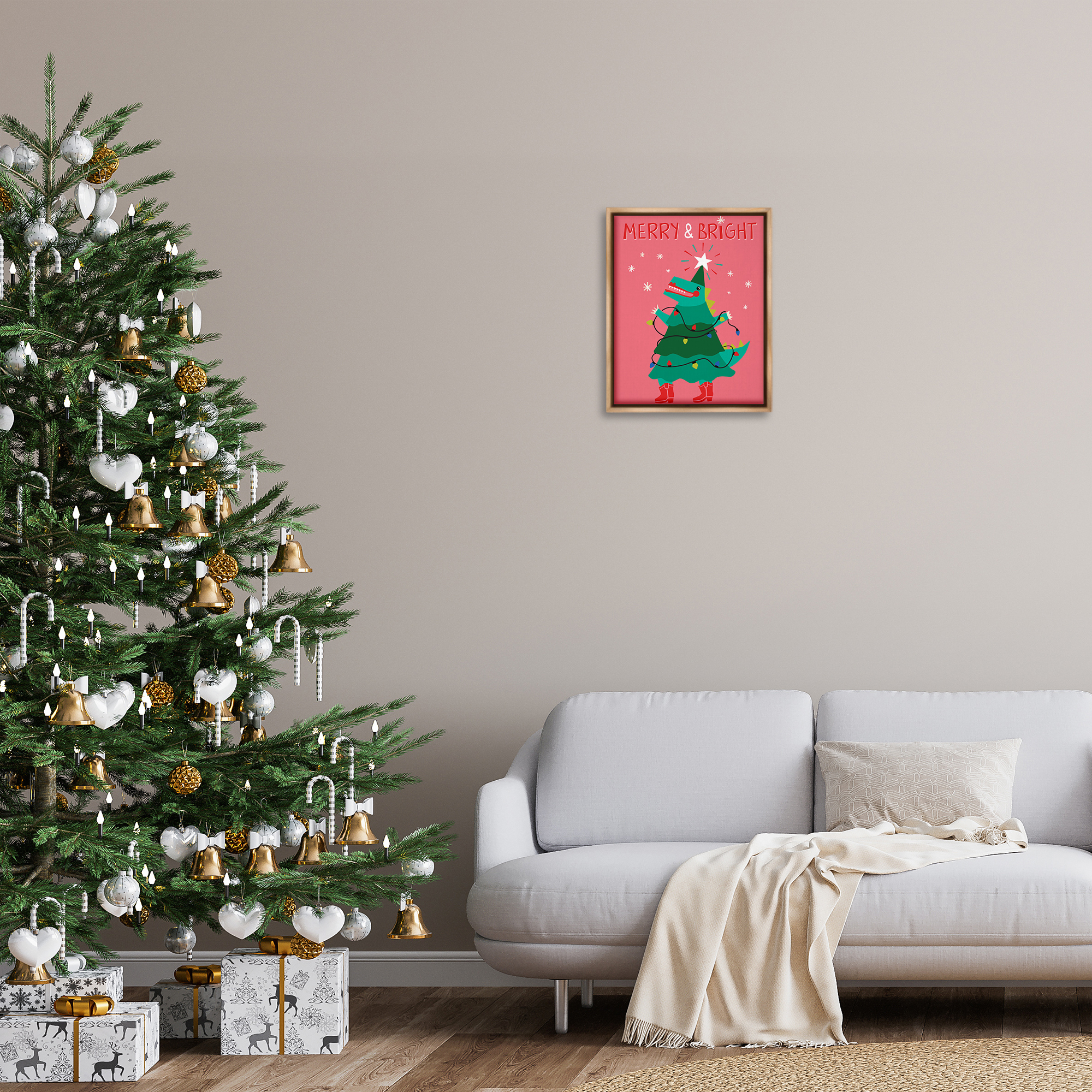 Stupell Industries Merry and Bright Dinosaur Holiday Painting Brown Floater Framed Canvas Art Prints Wall Art, 17 x 21