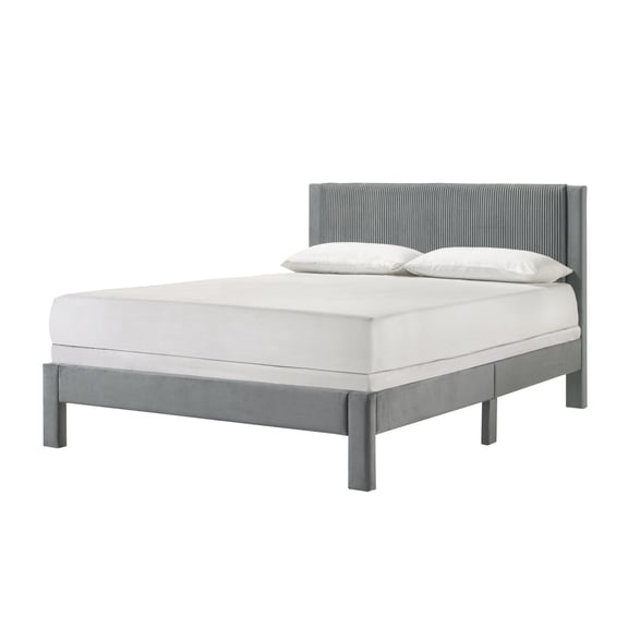 Miekor Furniture 1pc Contemporary Plush Upholstered Headboard Ribbed Texture Low-profile Frame Unobtrusive Legs Queen Platform Bed Light Gray Bedroom Furniture 66276