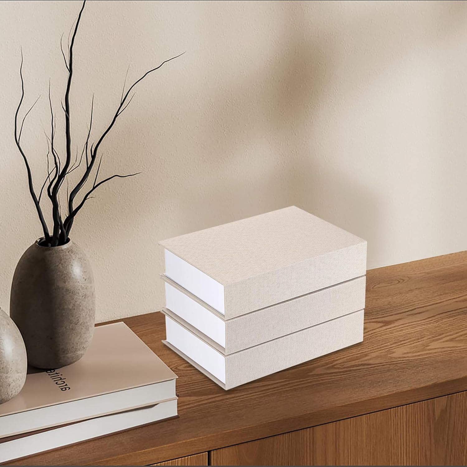 ABPETE 3 Pcs Faux Book Box for Decoration Beige Neutral Linen Photo Storage Boxes Memory Box with Magnetic Lid for Keepsake Home Decor Boxes for Bookshelf Coffee Table