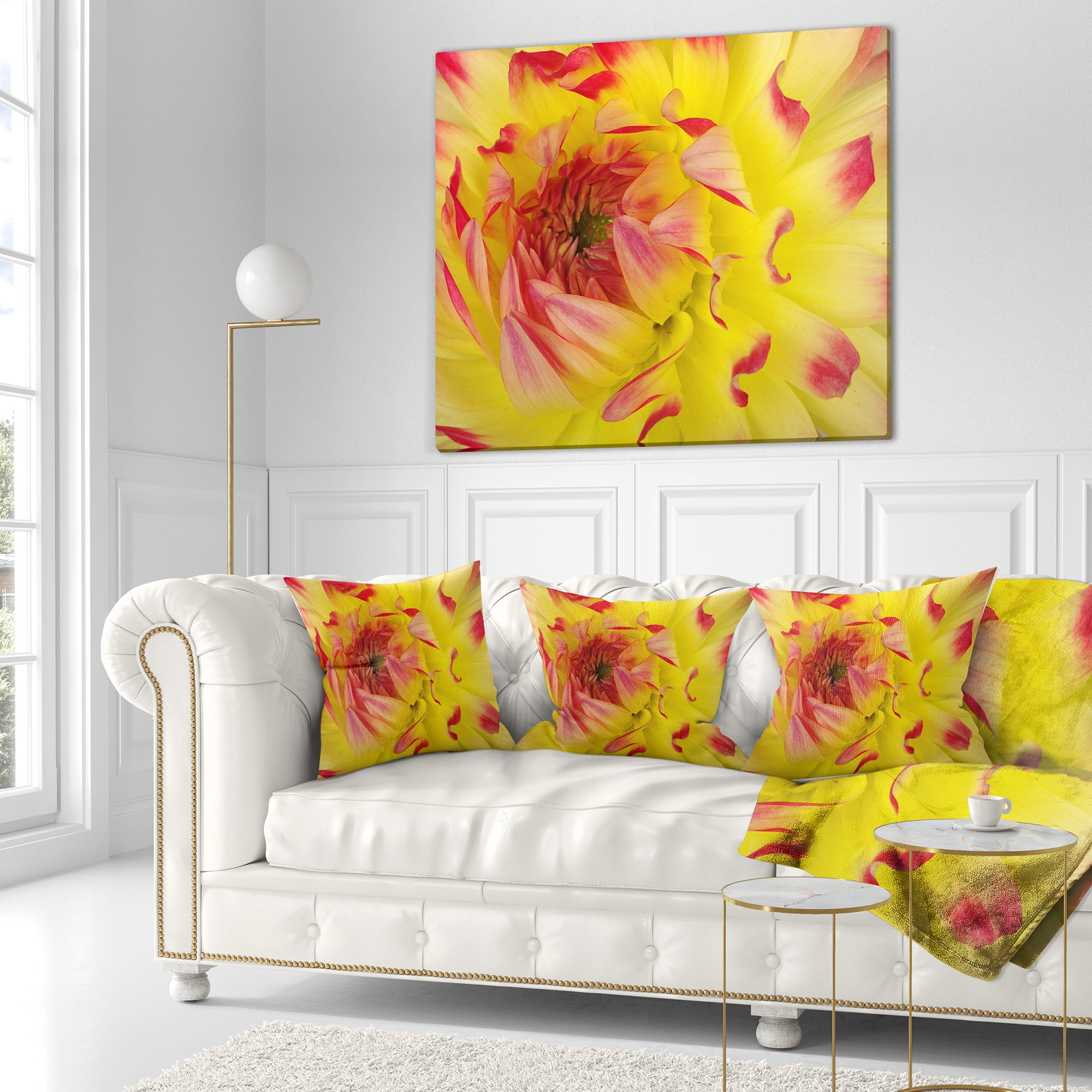 Designart Smooth Yellow Red Petals Close Up - Floral Throw Pillow - 18x18