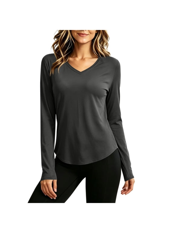 Women's Tops Long Sleeve V Neck Solid Casual Comfy Loose Flowy Curved Hem Lightweight Basic Tshirt M
