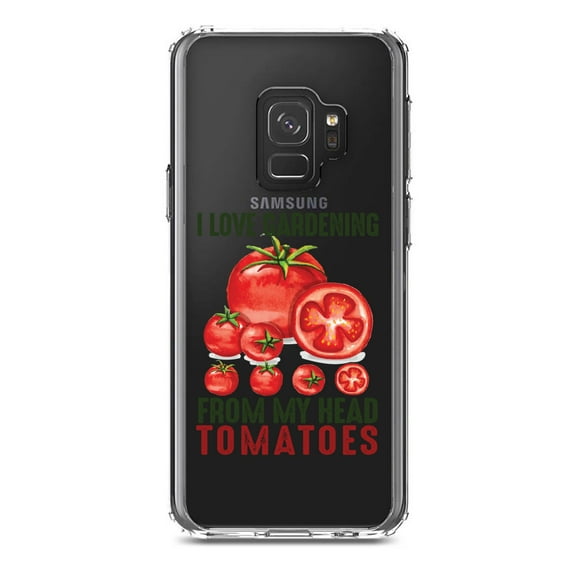 DistinctInk Clear Shockproof Hybrid Case for Samsung Galaxy S9 (5.8" Screen) - TPU Bumper Acrylic Back Tempered Glass Screen Protector - I Love Gardening from My Head Tomatoes