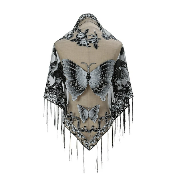 YOUSNH Ladies Fashion Solid Color Scarf with Fringe Hollowed Lace Butterfly Embroidered Triangle Cape Shawls and Wraps for Evening Dresses Black One Size