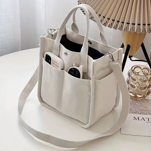 Small Canvas Tote Bag with Pockets Crossbody Bags for Women Cute Shoulder Purse Handbags Lunch Bag for Office Work - White