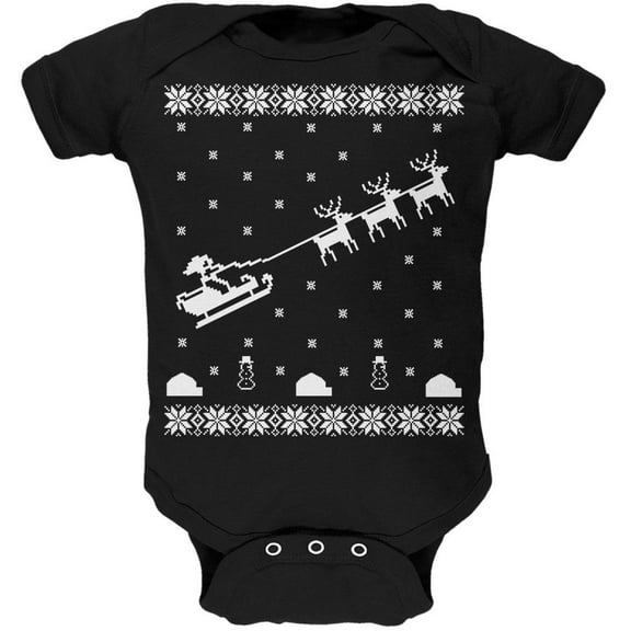 Flying Santa Sleigh Ugly XMAS Sweater Black Soft Baby One Piece - 9-12 months