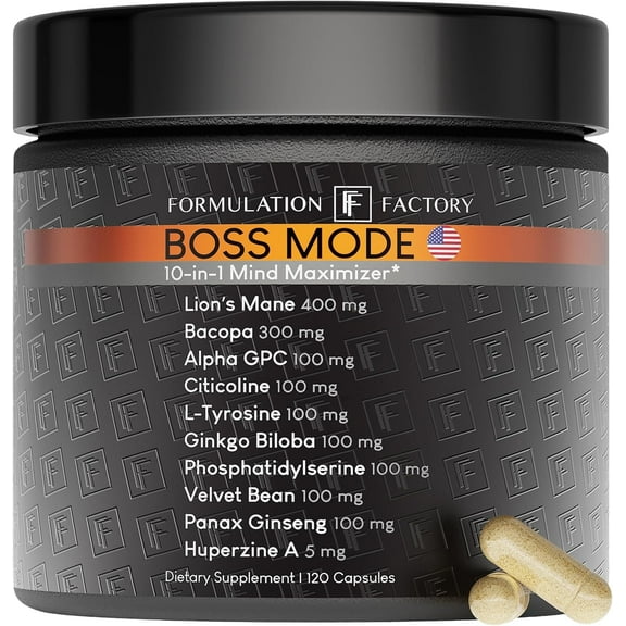 Formulation Factory Boss Mode Focus Supplement, 10-in-1 Cognitive Support with Lion’s Mane & Ginseng, 120 Capsules, 2-Month Supply