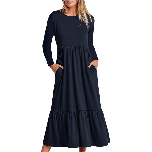 Liquidation! Hontri Robes pour Femmes 2024 Robe Décontractée à Manches Longues Plissée Col Rond Couleur Unie Robes pour Femmes Marine,G