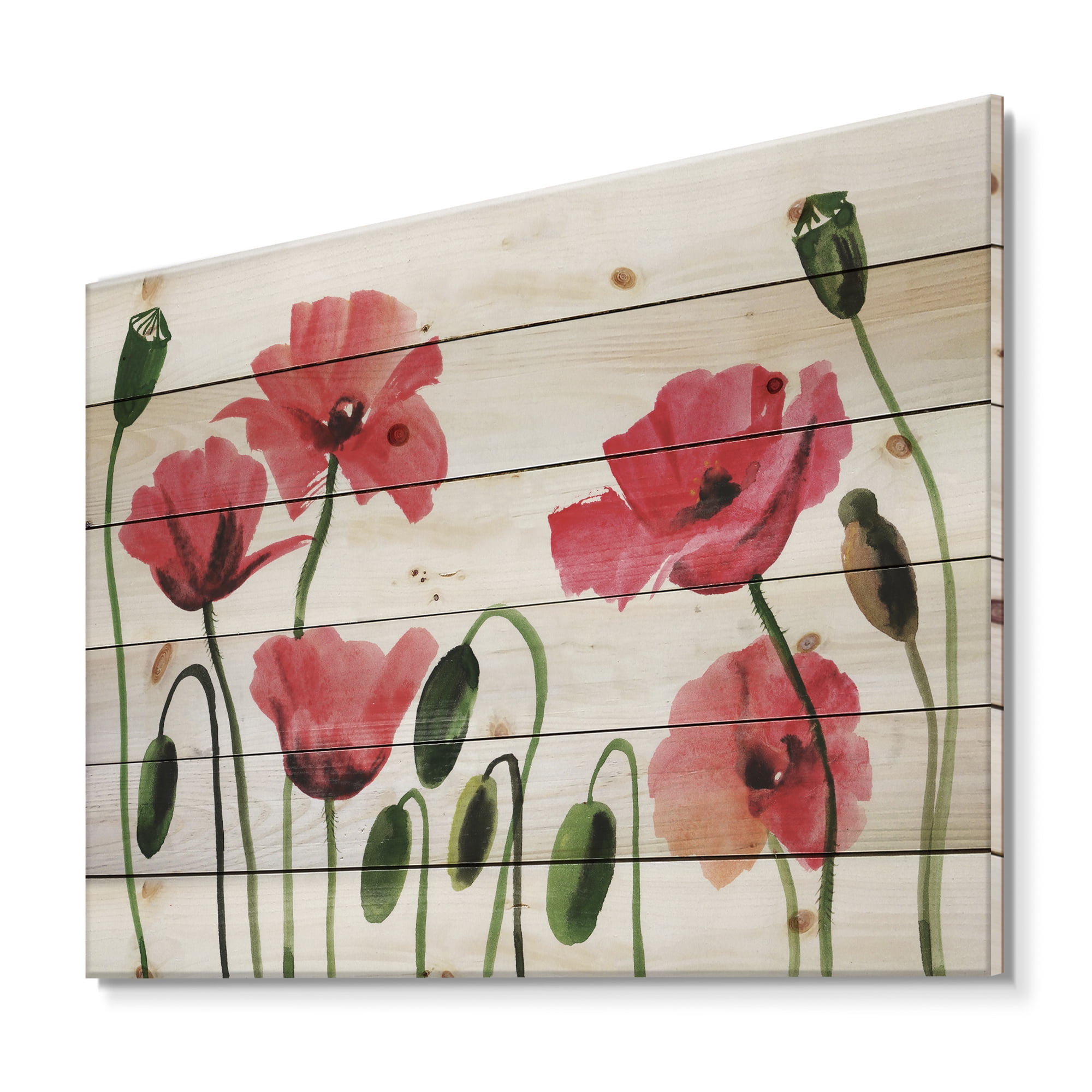 Designart 'Ancient Red Blooming Poppies' Traditional Print on Natural Pine Wood