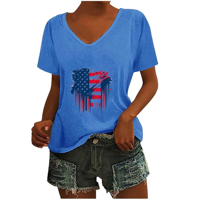 Camisetas Casuales de las Mujeres Gradiente Día de la Independencia Impreso Cuello Redondo, Blusa de Manga Corta para Diario, Fiesta Y Primavera Verano