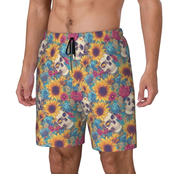 Fotbe colorful Skull sunflower Traje de Baño para Hombre – Shorts de Natación de Secado Rápido con Forro y Bolsillos-Small