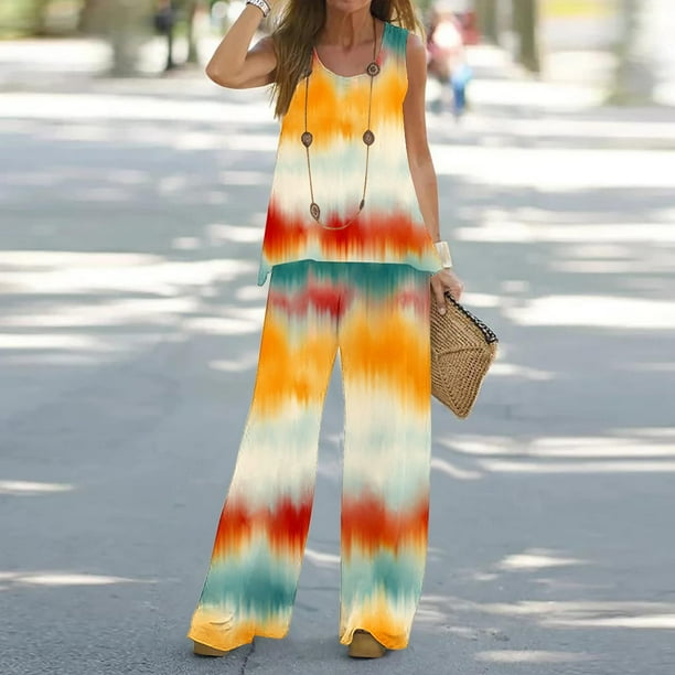 Ichuanyi liquidación de verano para mujeres sueltas de 2 piezas estampados impresos con cuello redondo tops sin mangas y pantalones largos traje de pistas ICHUANYI WER202308210924