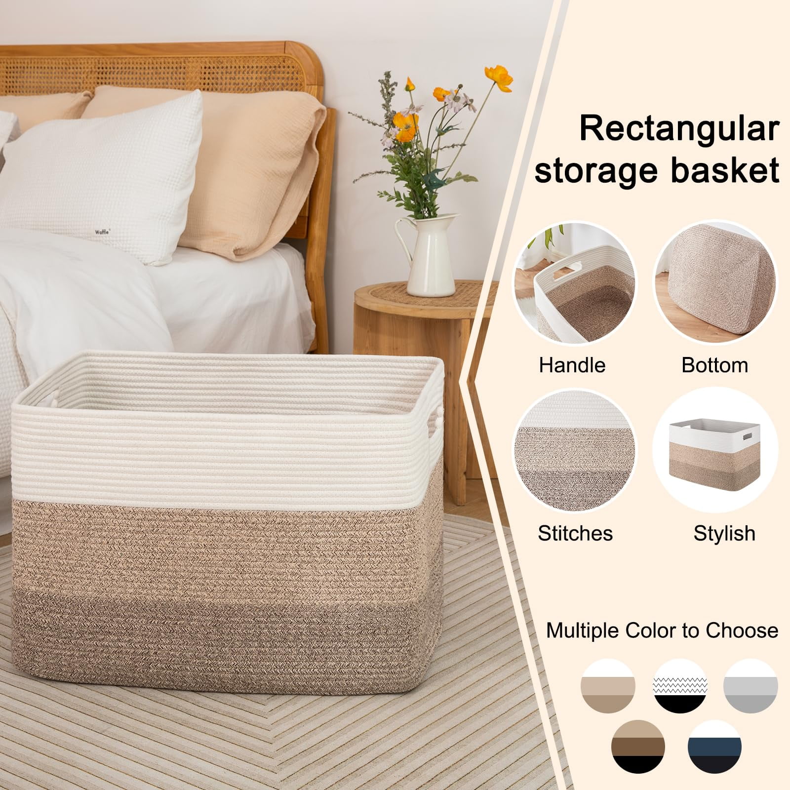 108L Large Blanket Basket（25“x17”）,Storage Basket for Organizing, Dog Toy Bin,baby laundry basket,Cotton Rope Blanket Basket for Living Room, Laundry, Nursery, Pillows (White and Brown)