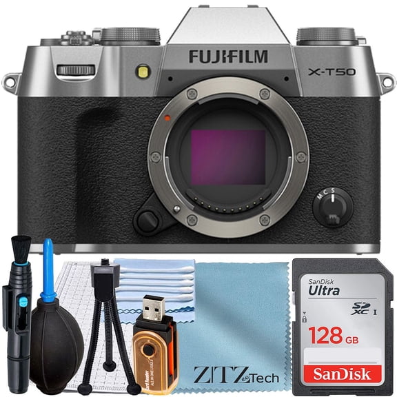 FUJIFILM X-T50 Appareil Photo Sans Miroir-Argent (Boîtier Seulement) avec Carte Mémoire SanDisk 128 Go + Ensemble d'Accessoires ZeeTech