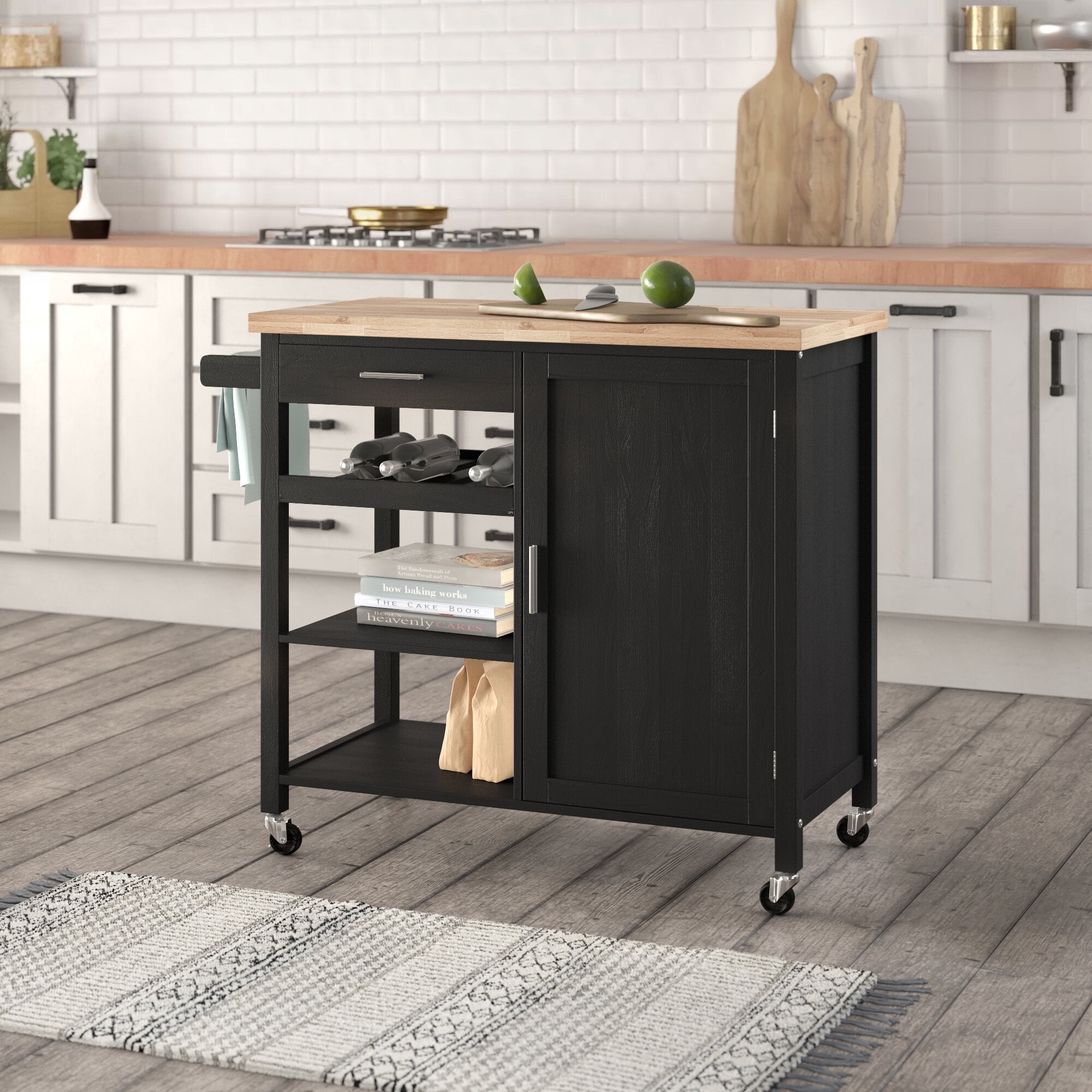 BELLEZE Wood Top Multi Storage Cabinet Rolling Kitchen Island Table Cart With Wheels Black Walmartcom Walmartcom