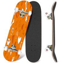 31'' Complete Skateboard 7 Layer Canadian Maple Double Kick Deck Skateboards dog paw print bone hearts Orange Skate Board for Beginner Adult Gifts