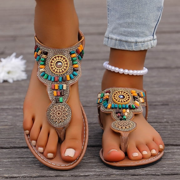 YgkuHd Women's Casual Bohemian Flat Sandals Thong Style Colorful Beads Tribal Pattern Soft Synthetic Leather Brown,8.5