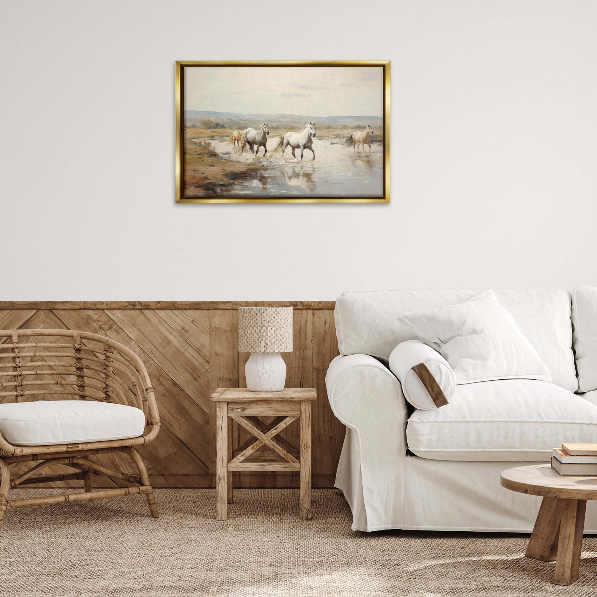 Stupell Industries Free Horses Running Landscape Painting Gold Floater Framed Canvas Art Print Wall Art, 31 x 21