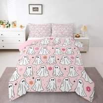 Manfei Kawaii Ghost Child Bedding Comforter Set, Cartoon Pink Flower Floral Twin Comforter Sets, Sugar Halloween Style Reversible Bedding Set, Breathable Home Decor, 2pcs