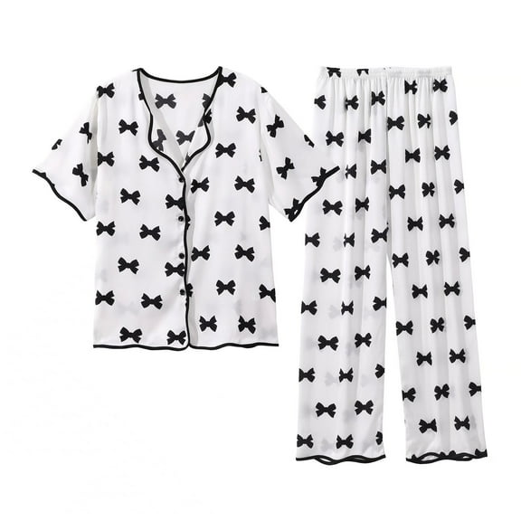 HomeGardon Womens Pajamas Sets Pajamas for Women 2025,Women's Printed Casual Home Loose Short Sleeved Long Pants Set Pajama Set,M-XL