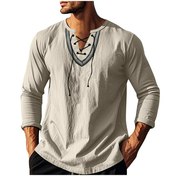 pstuiky camisetas de manga larga para hombre, Camiseta informal de manga larga con cuello redondo y bordado, con hombros descubiertos y lazo en el pecho, para hombre camisetas de hombre s