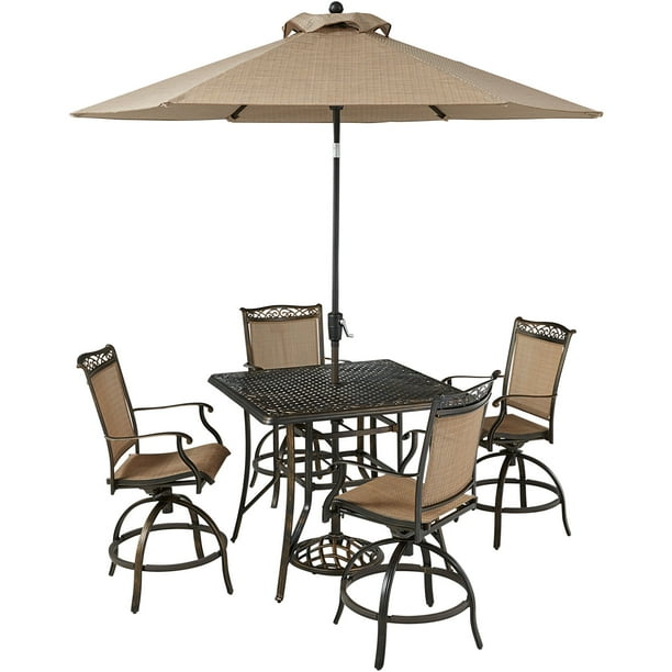 Hanover Fontana 5 Piece High Dining Set With 4 Counter Height Swivel Chairs 42 In X Cast Top Table Umbrella And Base Com Hanover Fontana 5 Piece High Dining Set, Outdoor High Top Table With Umbrella