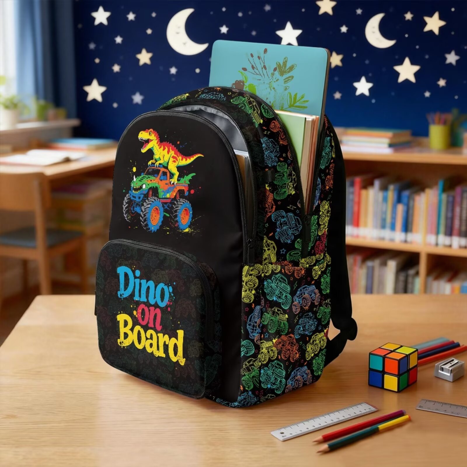 Mochila para niños con estampado de camión de dinosaurios, multi compartimentos, para primaria y secundaria, resistente a desgarros, ligera, con correas acolchadas ajustables 3